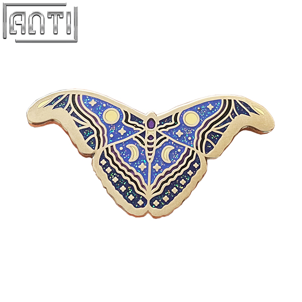 Custom Cartoon Beautiful Blue Butterfly Lapel Pins Star Moon Pattern Blue Glitter Silver Metal Hard Enamel Badge For Girls Gift