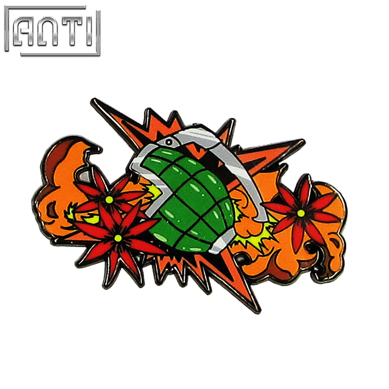 Manufacturer cool pattern green bomb red flower hard enamel black nickel Lapel Pin