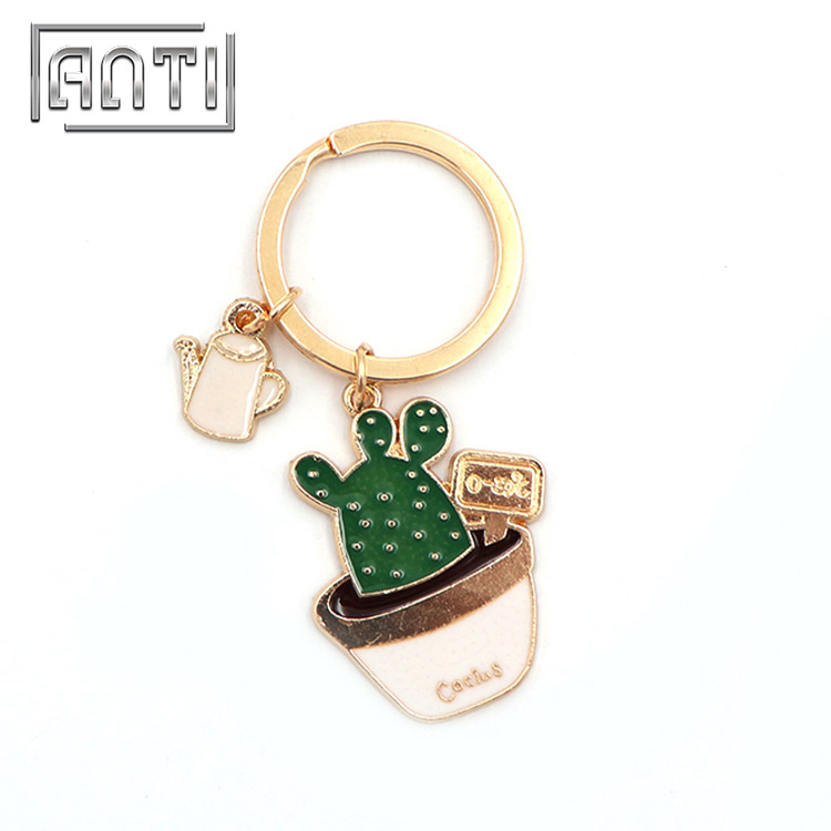 Promotional Plant Keychain Gold Plated Cute Cactus Keychain with Ring