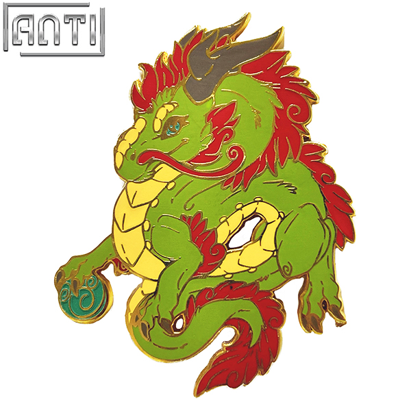 Custom A Beautiful Green Dragon Pin High Quality A Handsome Dragon With a Red Mane Gold Metal Badge Make An Enamel Pin For Gift
