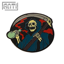Custom Cartoon Round Horror Black Robe Death Skull Poison Sickle Lapel Pin Wholesale Manufacturer Black Nickel Metal Badge