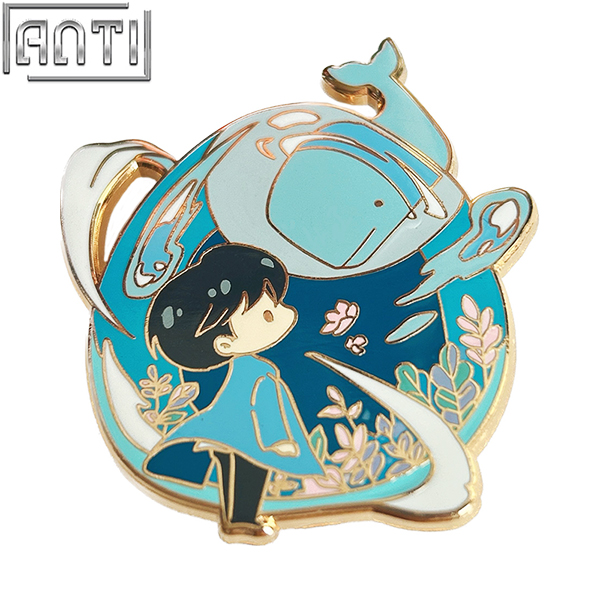 Custom Cartoon Cute Boy And Whale Lapel Pin Blue Deep Sea Dream Water Drop Shape Design Hard Enamel Gold Metal Badge For Gift