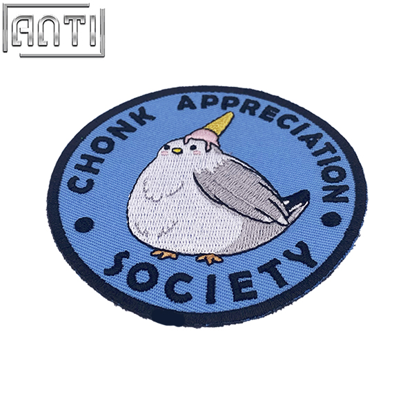 Custom Cartoon White Lovely Bird Embroidery Applique Designs Round Blue Background High Quality Embroidery Alphabet For Gift