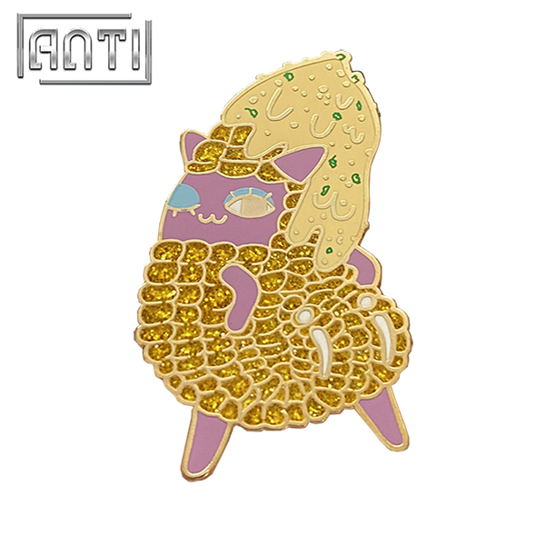 Custom Strange Funny Purple Cartoon Character Yellow Glitter Lapel Pin Wholesale Manufacturer Hard Enamel Gold Metal Badge