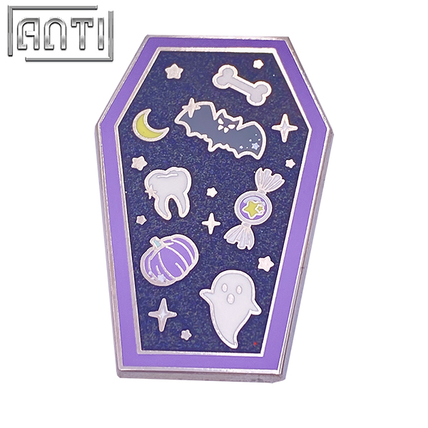 Custom Purple Coffin Shape Design Lapel Pin Halloween Cute Cartoon Hard Enamel Silver Metal Black Glitter Badge For Gift