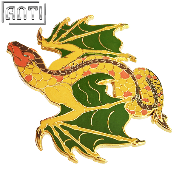 Custom A Cartoon Animal Like a Dragon Lapel Pin A Large Golden Snake With Dark Green Wings Hard Enamel Gold Metal Badge For Gift