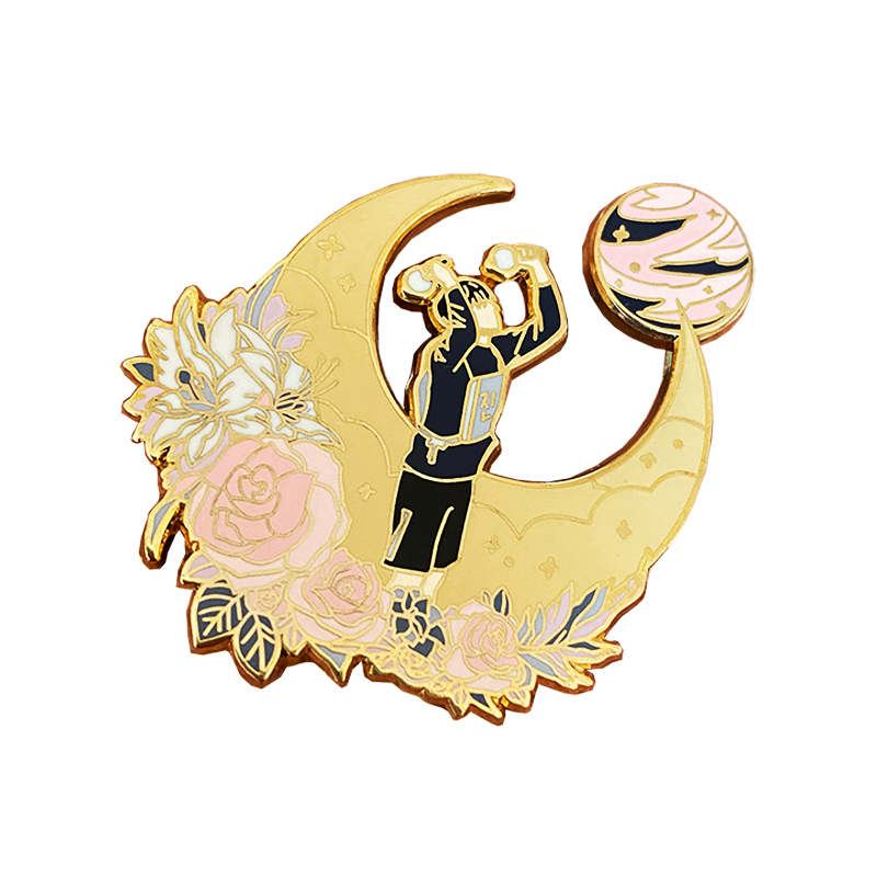 Hand Made Collection Wholesale Yellow Moon And Rose Beauty Man Hard Enamel Zinc Alloy Badge 